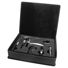 Black/Gold Laserable Leatherette 5-Piece Wine Tool Gift Set