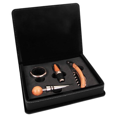 Black/Gold Laserable Leatherette 4-Piece Wine Tool Set